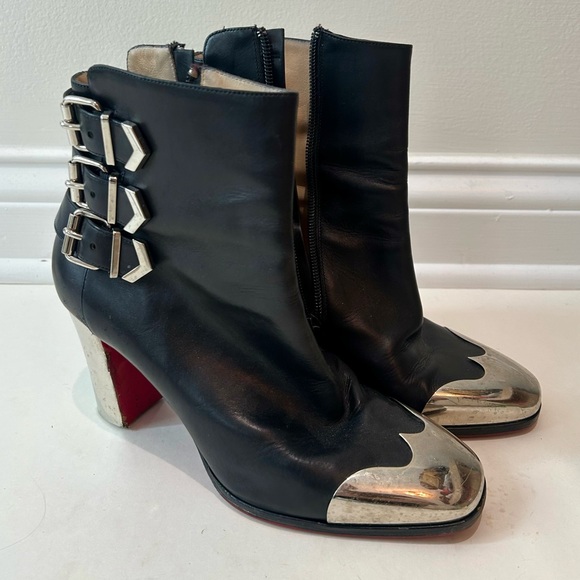 Christian Louboutin Black Leather Ankle Boots with Silver Cap Toe & Heel - Picture 2 of 16